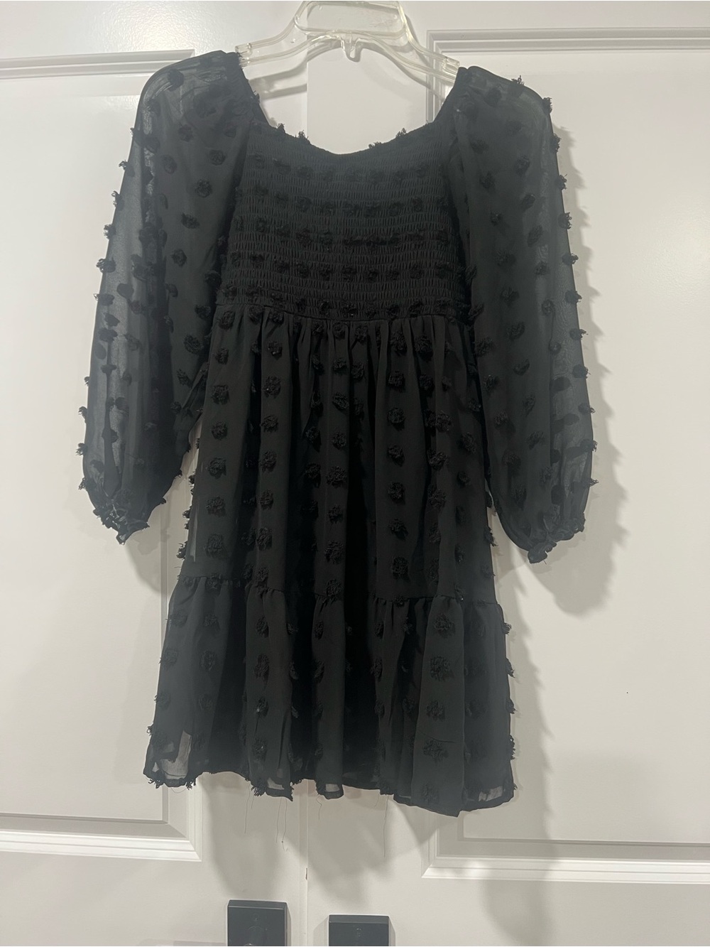 Girls' Black Swiss Dot Smocked Casual Dress